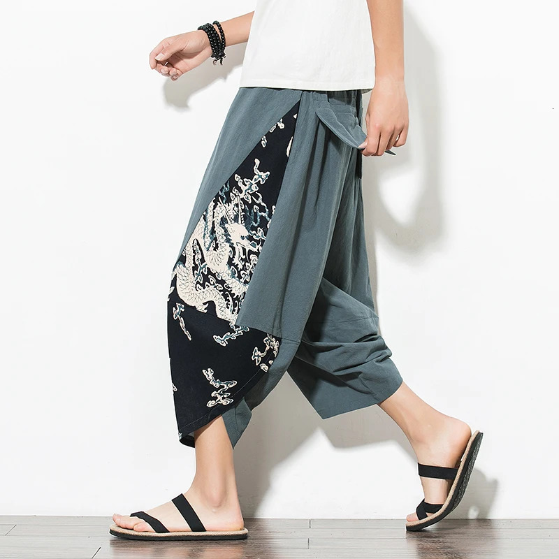 Drop Men Harajuku Harem Pants Summer Cotton Joggers Calf-Length Pants Male Vintage Chinese Style Print Trousers 250708