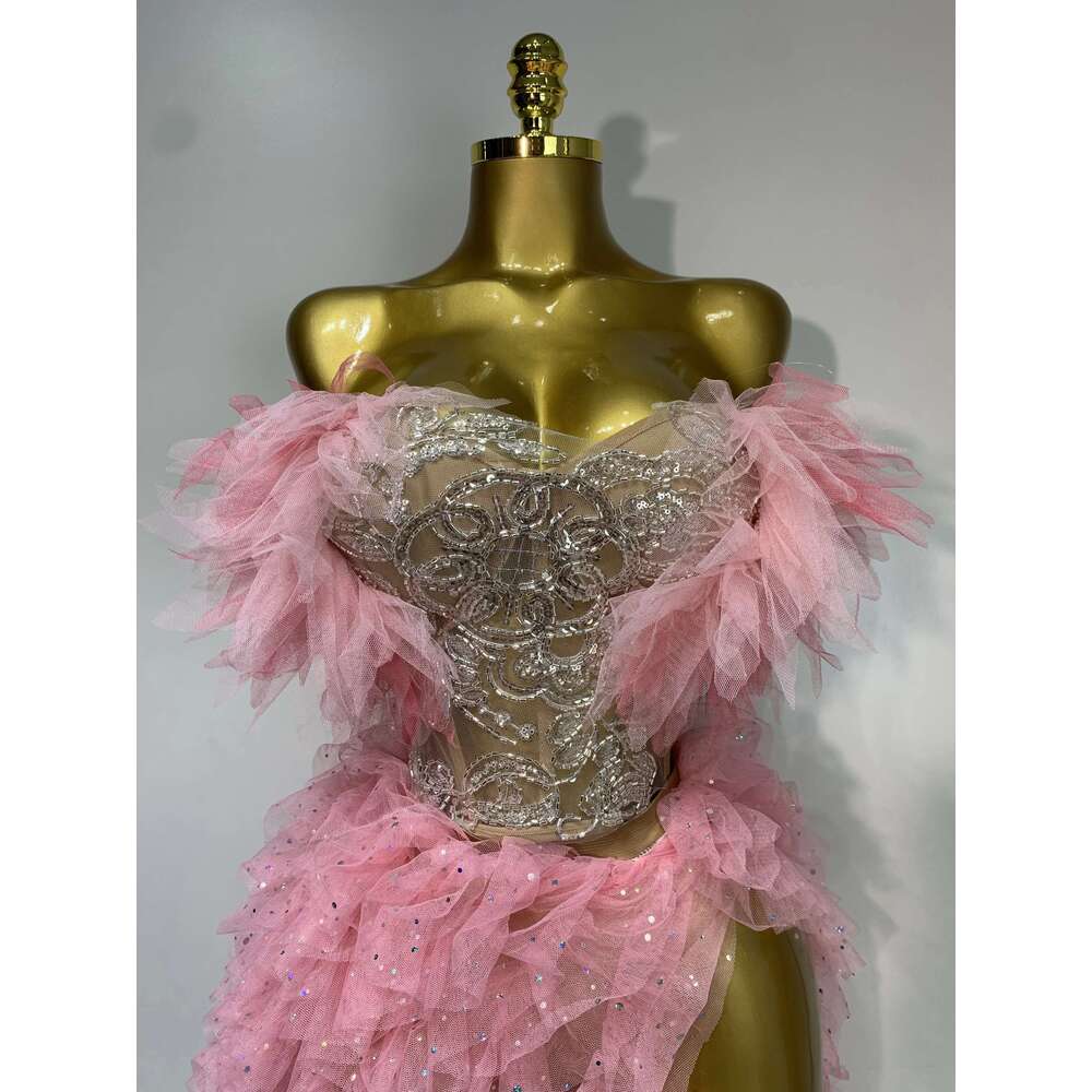 Women Sexy Strapless Ruffles two Pieces Set Bodycon Long Dress High Split Fashion Nightclub Party Birthday Singer Stage Outfit