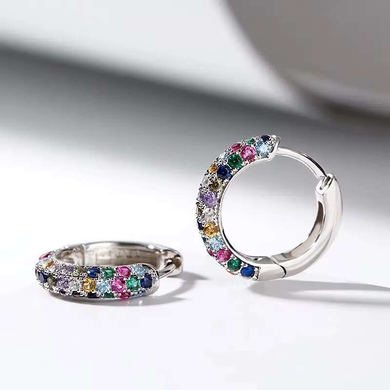 Dainty Full Paved Round Colorful Sparkling Cubic Zirconia Circle Earrings for Women Wedding Silver Plated Hoop Earrings