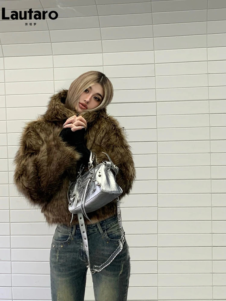 Lautaro Autumn Winter Chic Short Soft Thick Warm Hairy Shaggy Faux Fur Coat Women with Hood Zipper Fluffy Jacket 250708
