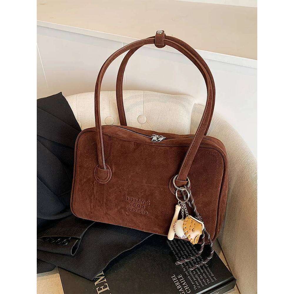 Retro Faion Suede Oulder Large Capaci Boston Bag Spring Summer 2025 Women's Handbag Soft Polyester