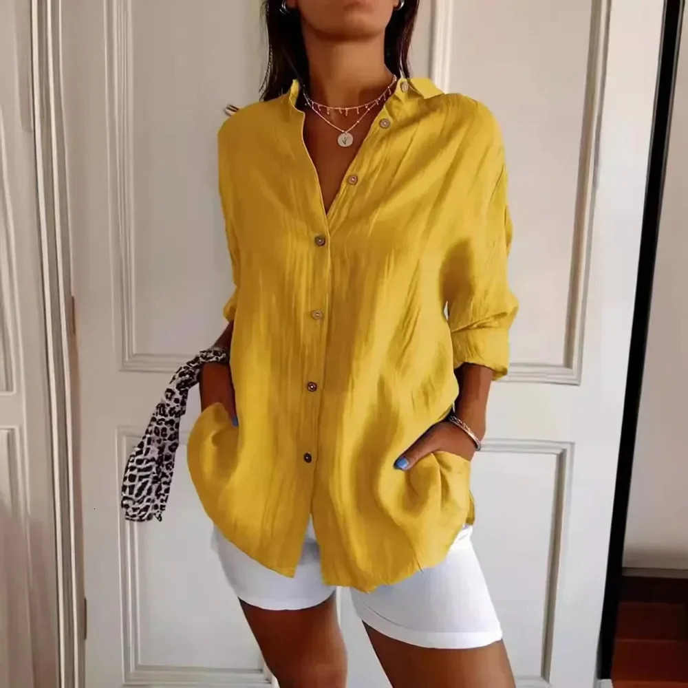 Womens Cotton Linen Casual Single-Breasted Pleated Lapel Shirt V Neck Button Shirt Loose Comfy Solid Retro Roll-up Sleeve Top 250708