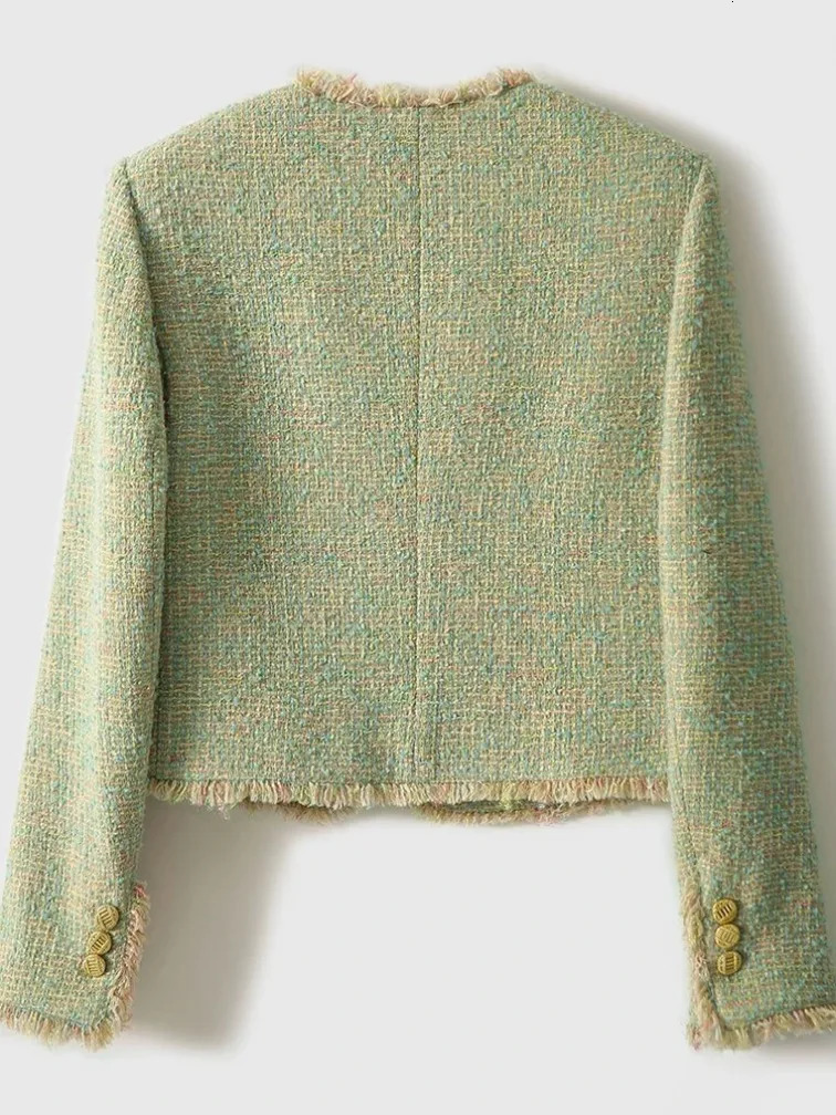 Chic Tassel Green Tweed Jackets Women Elegant Long Sleeve Korean Casual Short Coat High Quality Sweet Outwear Tops 250709