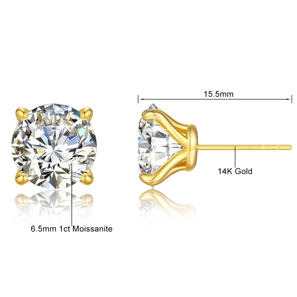 1pair 14K Gold Stud Earrings for Women Simple Classical 4-Prong Lab Diamond Ear Stud Wedding Engagement Gift Jewelry 250708