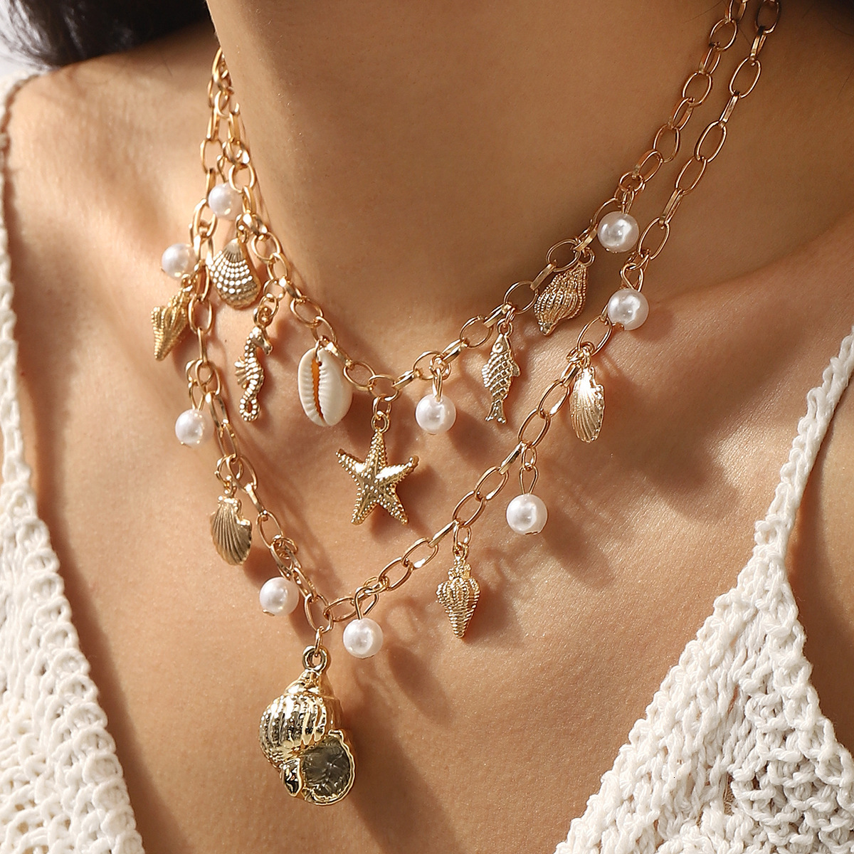 Luxury Jewelry Designer Jewelry N12517 European And American Cross-border Ocean Style Pearl Tassel Necklace Beach Starfish Shell Pendant Jewelry