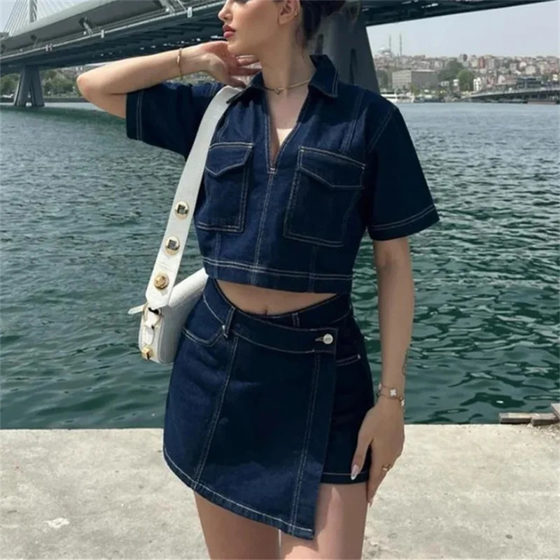 Blue Denim Shirt Woman Short Sleeve Cropped Women Summer Tops Streetwear Y2k Stylish Womens Blouse 250707