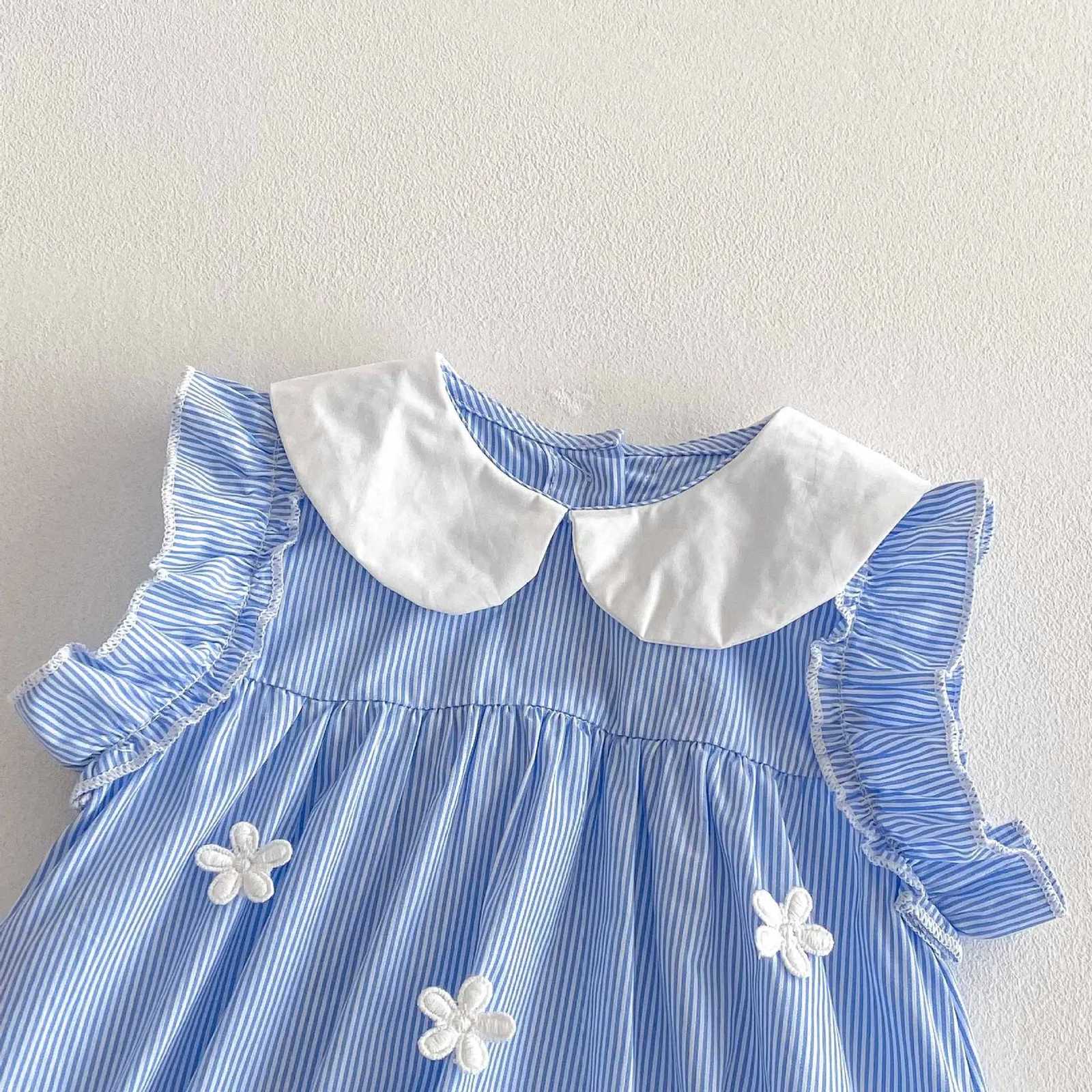 Baby Girl Summer Sleeveless Romper A-Class Cotton Blue White Stripe Peter Pan Collar Flower Applique Fresh Sweet Bodysuit Z250712