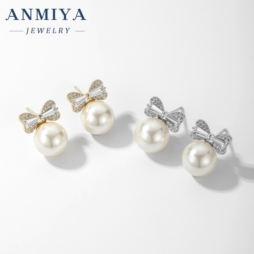 Gold Plated Bowknot Stud Earrings Pearl Festive Earring for Women Girls Christmas Jewelry Gifts