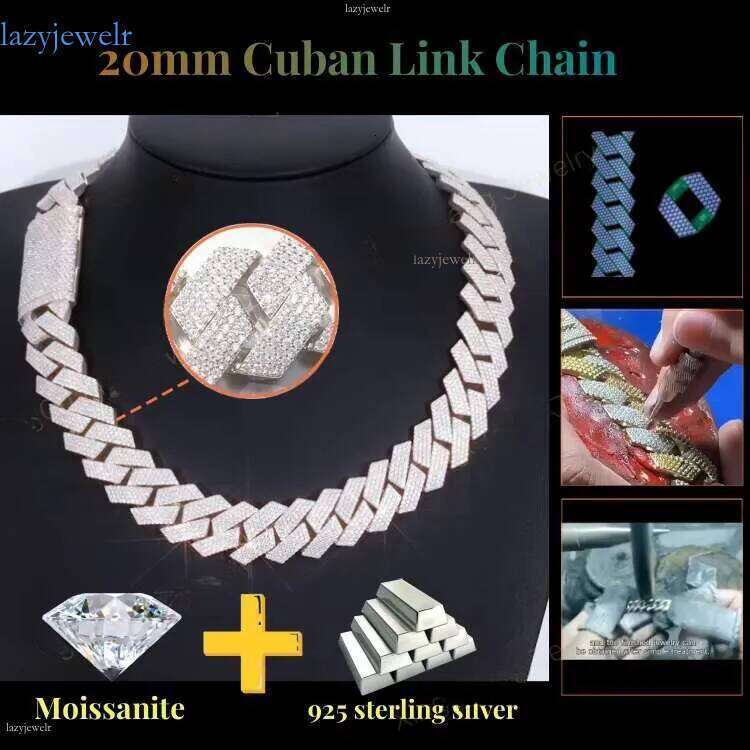 Hiphop in Stock Link 4row 20mm White Gold 2 Tones Sterling Sier Iced Out Moissanite Cuban Chain
