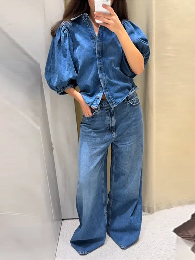 Street Denim Womens Shirt Solid Puff Half Sleeve Single Breasted Pleated Blouses Female 2025 Spring Summer Allmatch Streetwear 250704