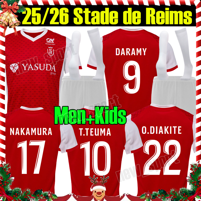 2025/26 Stade Reims Soccer Jerseys I T O Fans Version NAKAMURA DARAMY DIAKHO ATANGANA KHADRA J.PATRICK Home AKIEME Men Kids kit socks full sets Football Uniforms