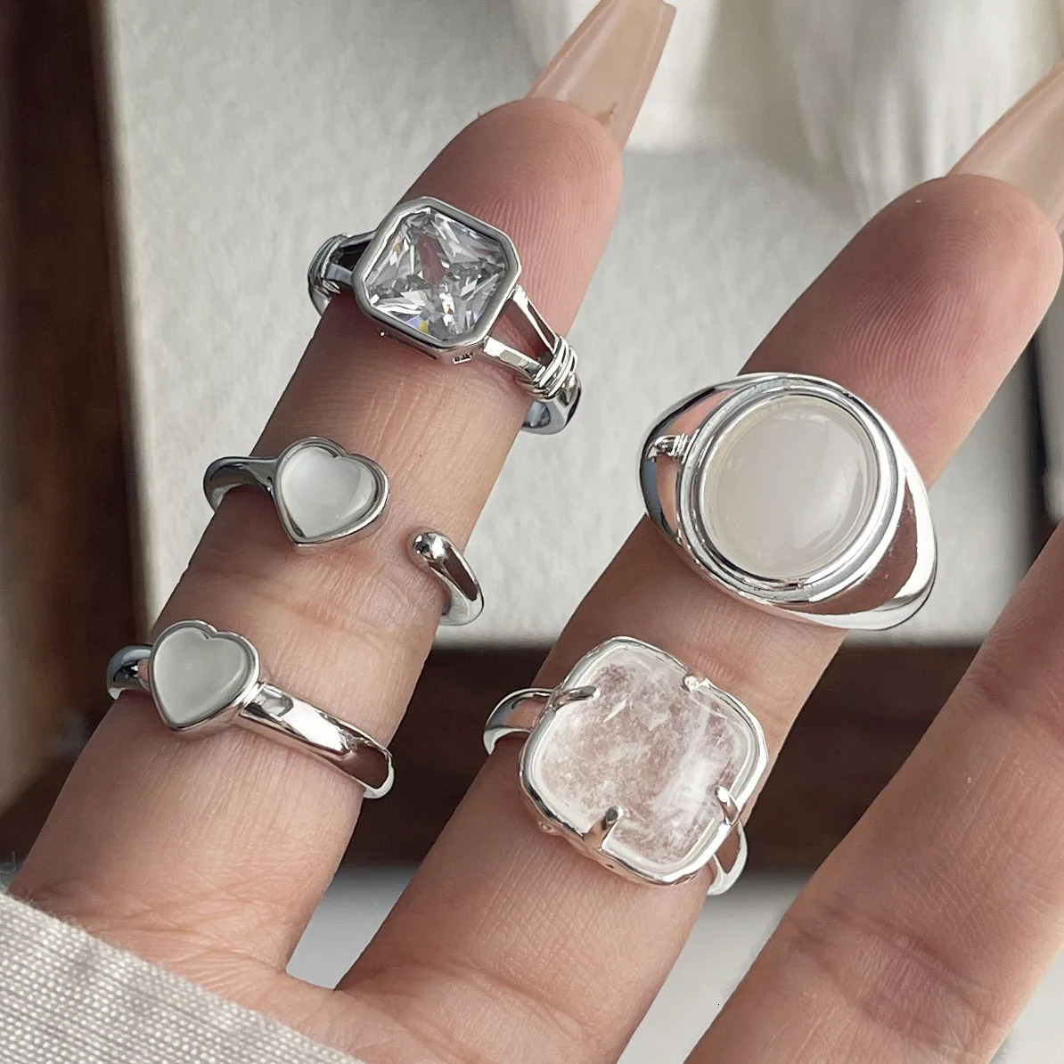 925 Sterling Silver Rings for Women Couple Minimalist Handmade Oval White Stone Ring Fine Jewelry Gift Prevent Allergy 250708