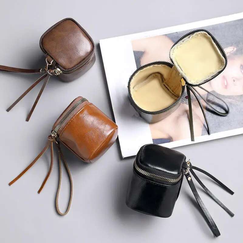 Fashion Small Square Coin Purse High Quality Retro Leather Lipstick Storage Cosmetic Case Women Mini Zipper Wallet Bag Pendant
