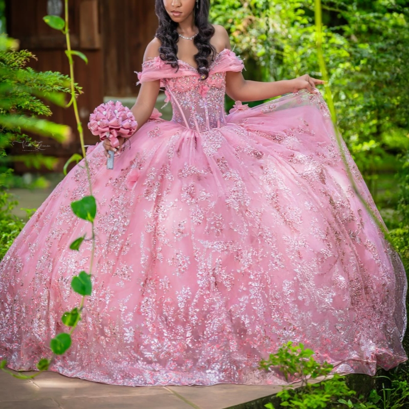 Pink Shiny Quinceanera Dresses Ball Gown Off The Shoulder Sequin Applique Flower Beads Tull Corset Party Birthday Sweet 16 Dress Vestidos 15 Anos