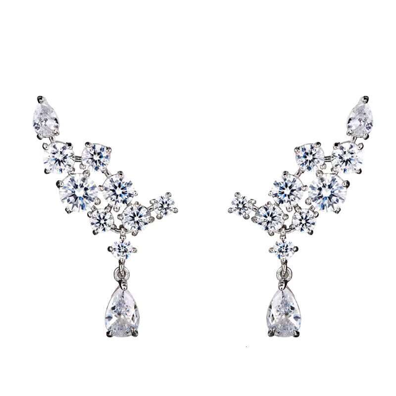Angel Wing Feather 925 Silver Plated Zircon Diamond Engagement Wedding Cc Drop Stud Earrings for Women