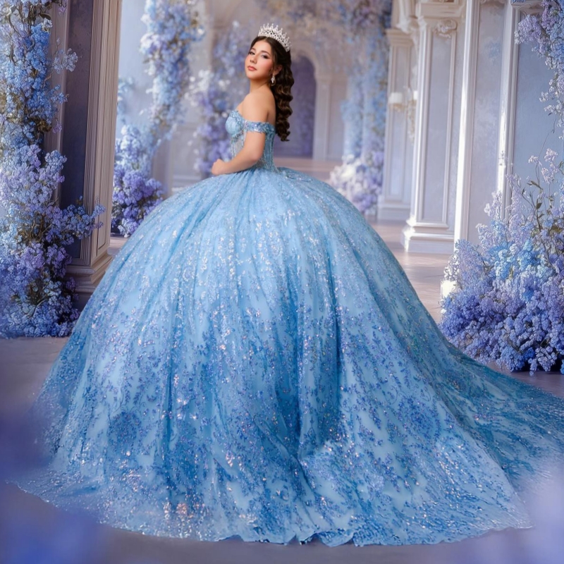 Sky Blue Shiny Quinceanera Dresses Ball Gown Off The Shoulder Sequin Applique Lace Beads Tull Corset Party Birthday Sweet 16 Dress Vestidos 15 De Anos