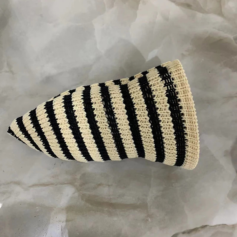 Striped Hollow Women Bucket Hat Spring Summer Outdoor Sunscreen Weave Breathable Fisherman Cap Fahsion Versatile Travel Panama 250711