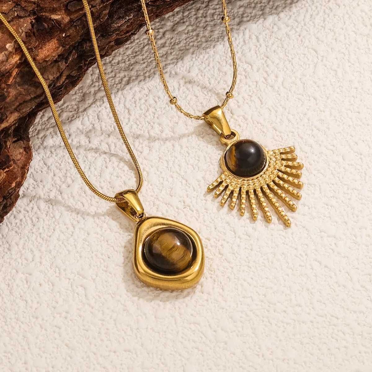 1 PCS Stainless Steel Brown Tiger Eye Stone Pendant Necklace for Women Men Vintage Fine Sweater Chain Jewelry Accessories 2024 W250712
