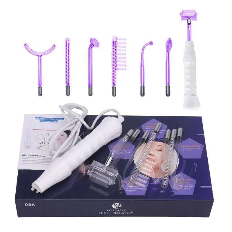 7In1 High Frequency Electrode W/Neon Electrotherapy Glass Tube Acne Spot Remover Home Spa Beauty Device Facial Therapy Wand