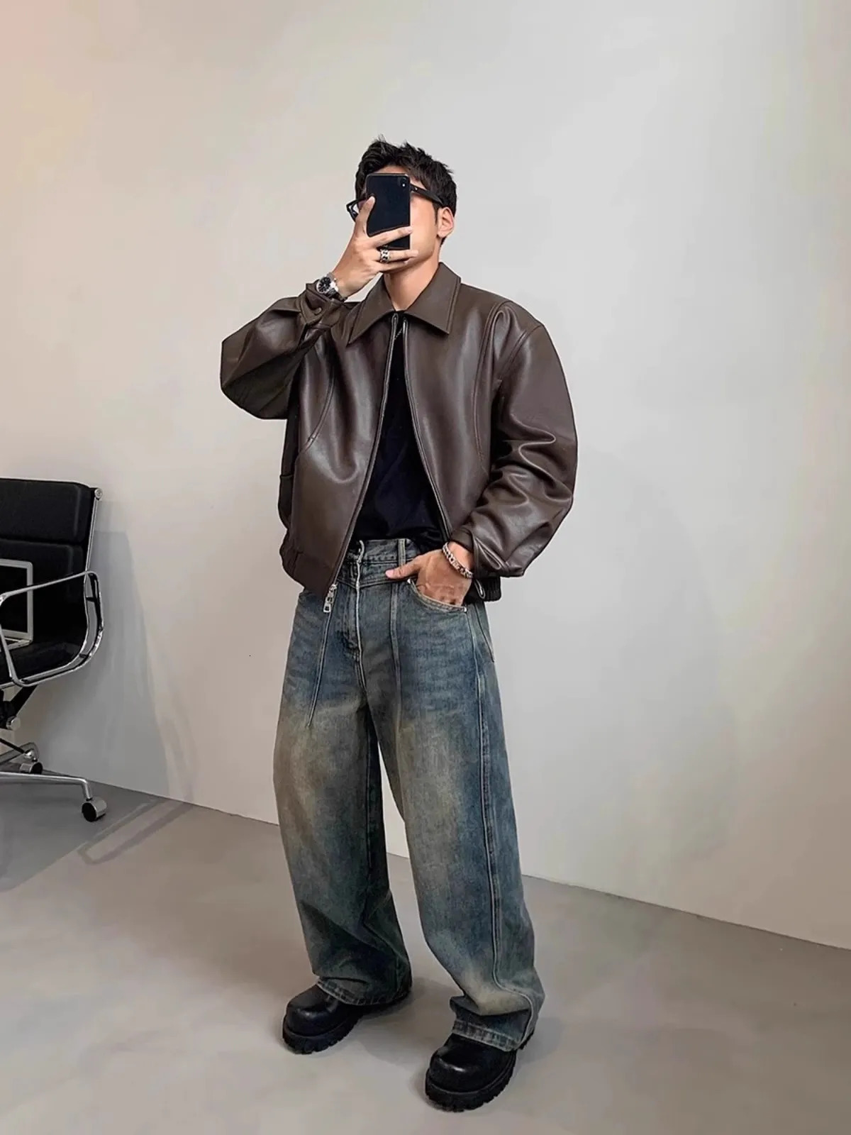 Mauroicardi Spring Autumn Cool Short Soft Pu Leather Jacket Men with Turn-down Collar Zipper er Korean Clothes 250708