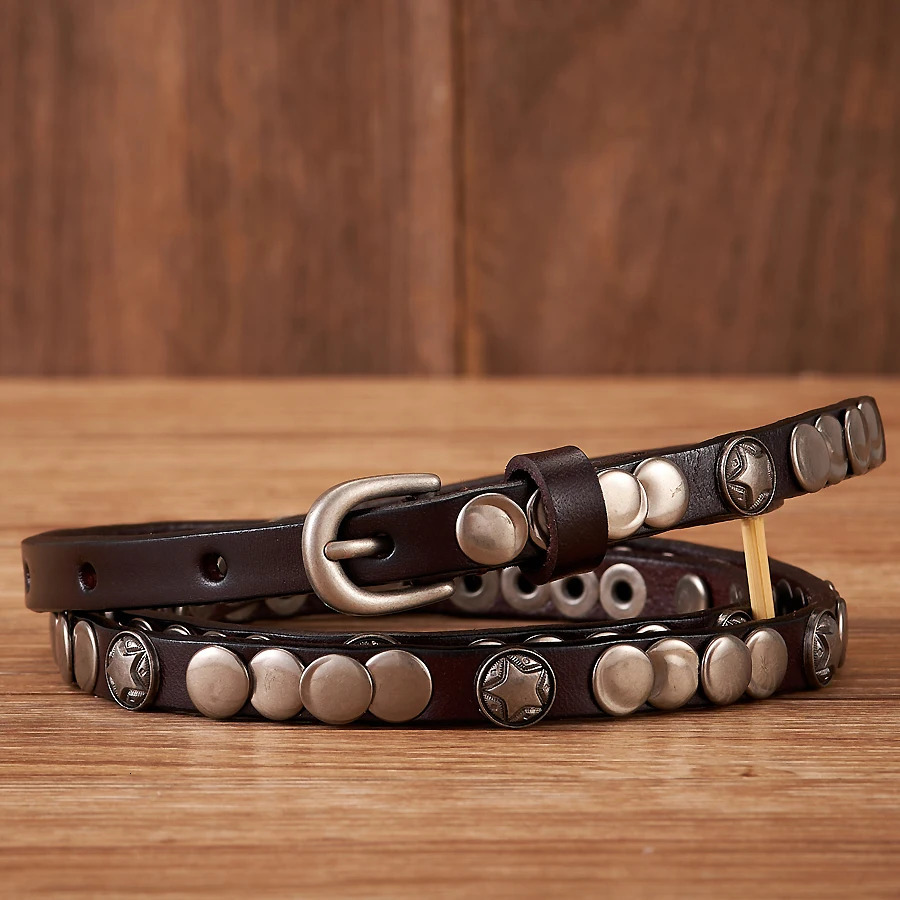 1CM Female Belt Skirt Dress Rivet Belt Real Genuine Leather Punck Decoration Thin Strap Women Belts For Jeans 250711