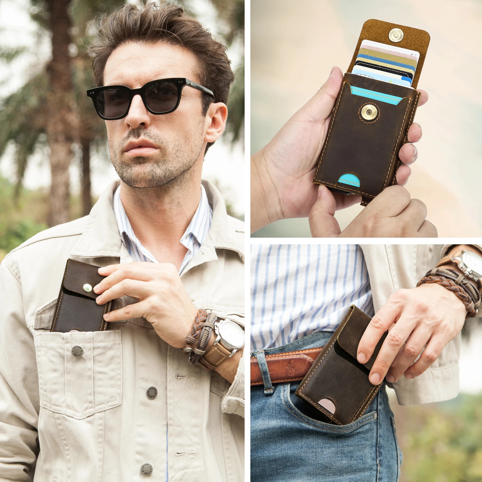 Hiram Vintage Genuine Leather RFID Blocking Card Holder Wallet for Men Card Wallet Case Aluminum Metal Slim Cardholder 250708