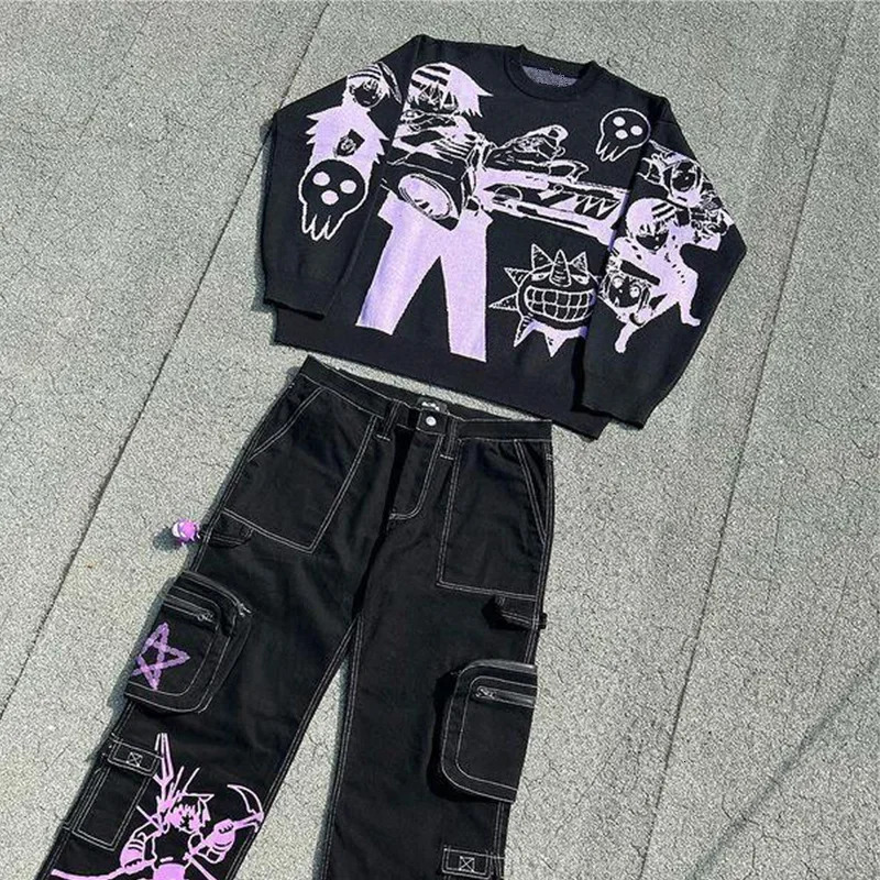 Harajuku sweaters Y2K retro 90s goth fitted round neck tops knitwear high quality Embroidery anime pattern oversized sweater 250708
