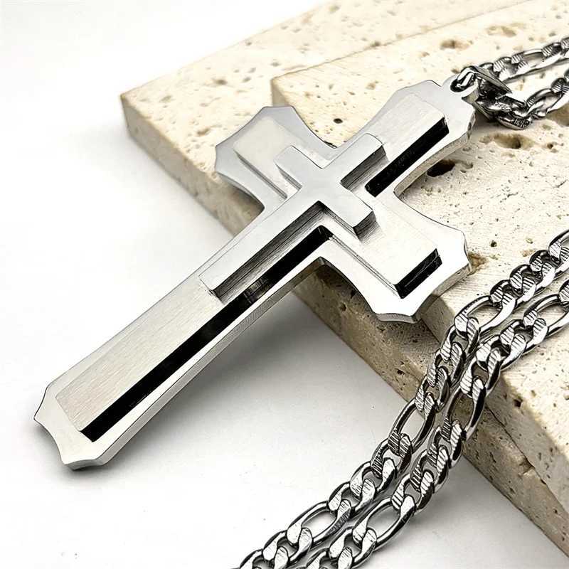 Big Jesus Cross Pendant Necklace for Men Stainless Steel Silver Color Link Figaro Chain Male Jewelry W250712