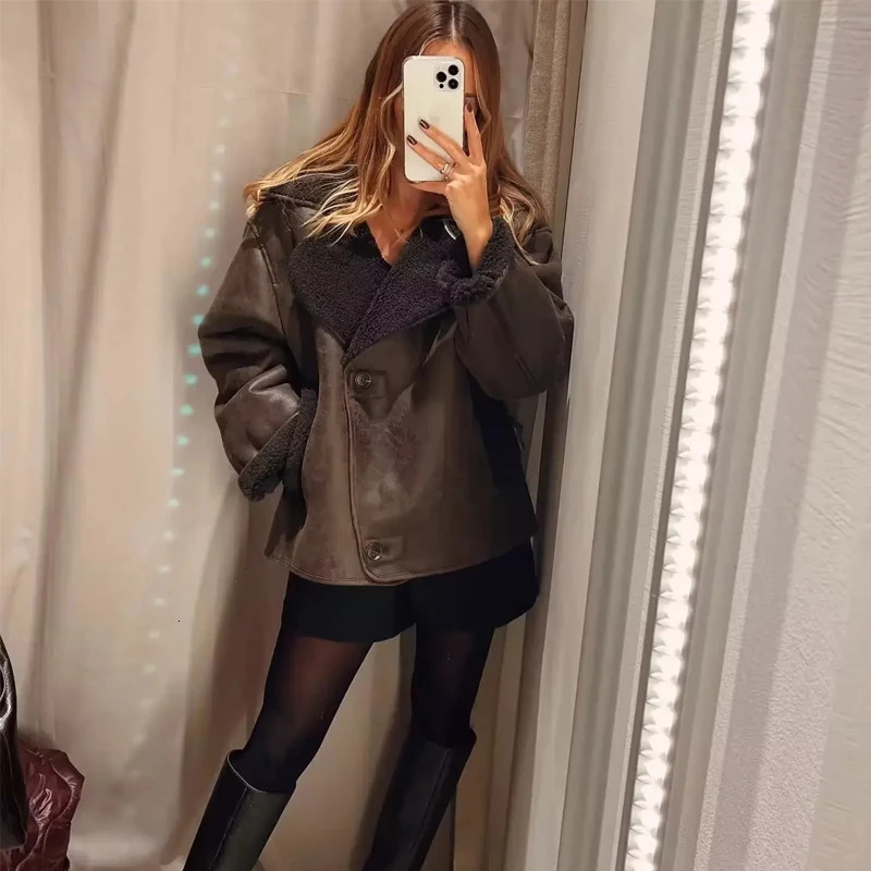 MUJER Faux Leather Jackets for Women Winter Warm Bomber Jacket Woman Long Sleeve Womens Coats Plush Oversized Womens Jackets 250709