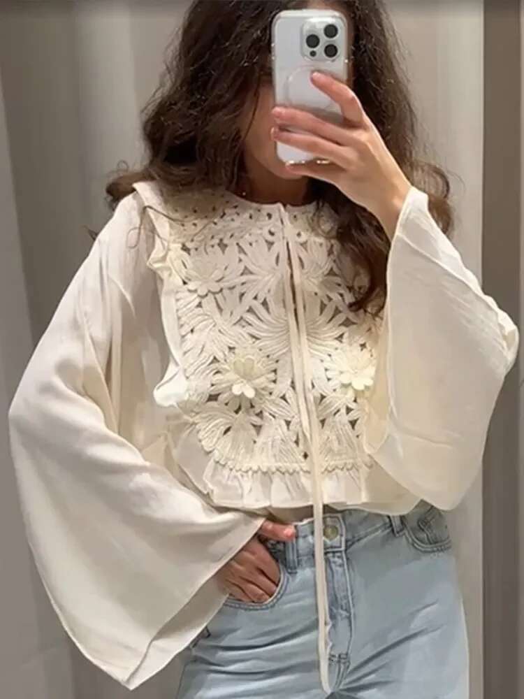 Y2k White Floral Embroidery Skirts For Women Patchwork Long Flare Sleeves Blouse Mini Skirt 2 Pieces Sets Lady Beach Outfit