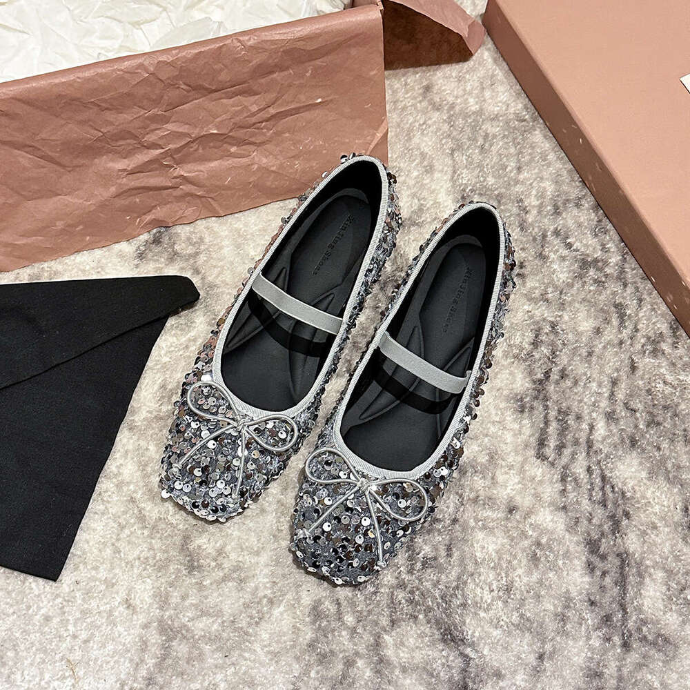 796-6 French Style Flat Square Toe New Black Elegant Bow Sequin Hidden Heel Women's Shoes