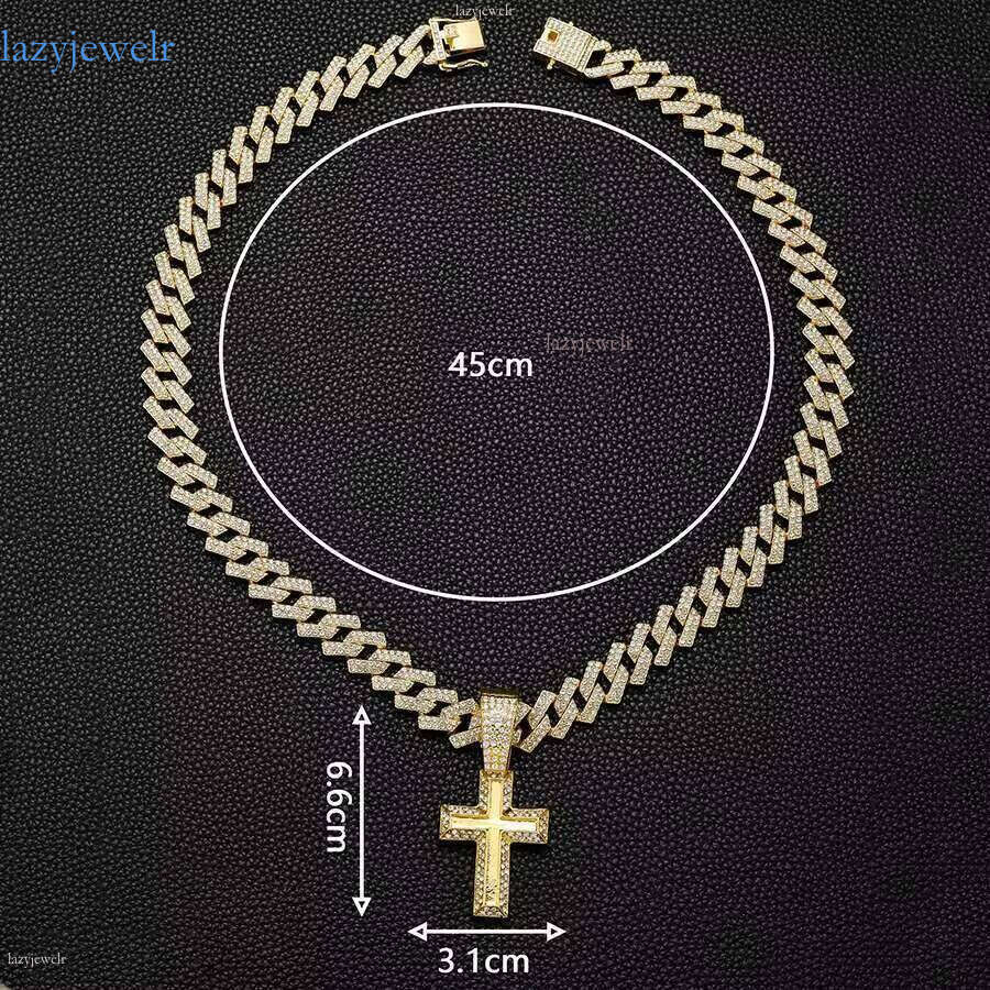 DHcollection Hip Hop Men's Jewelry Iced Out 15mm Width Cuban Chain With Alloy and Rhie Cross Pendant Necklace