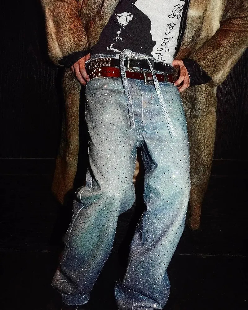 Streetwear Vintage Glitter Jeans Y2K Mens Womens Hip Hop Rhinestone Sequins Retro Blue Baggy Jeans High Waist Wide Leg Trousers 250712