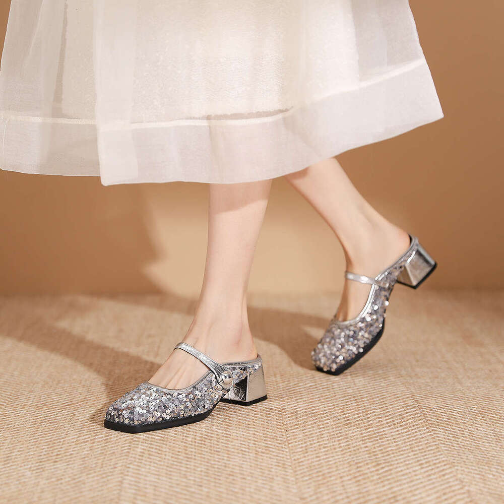 T8-17 French Style Silver One-Strap Mid-Heel Mary Jane New Shallow Mouth Square Toe Chunky Heel Women's Shoes