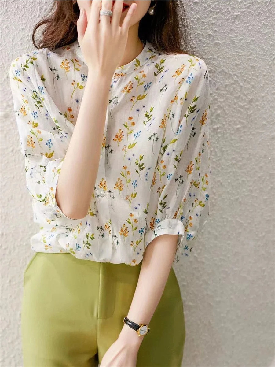 Women Summer Style Blouses Tops Lady Casual Short Puff Sleeve Stand Collar Flower Printed Blusas Tops 250708