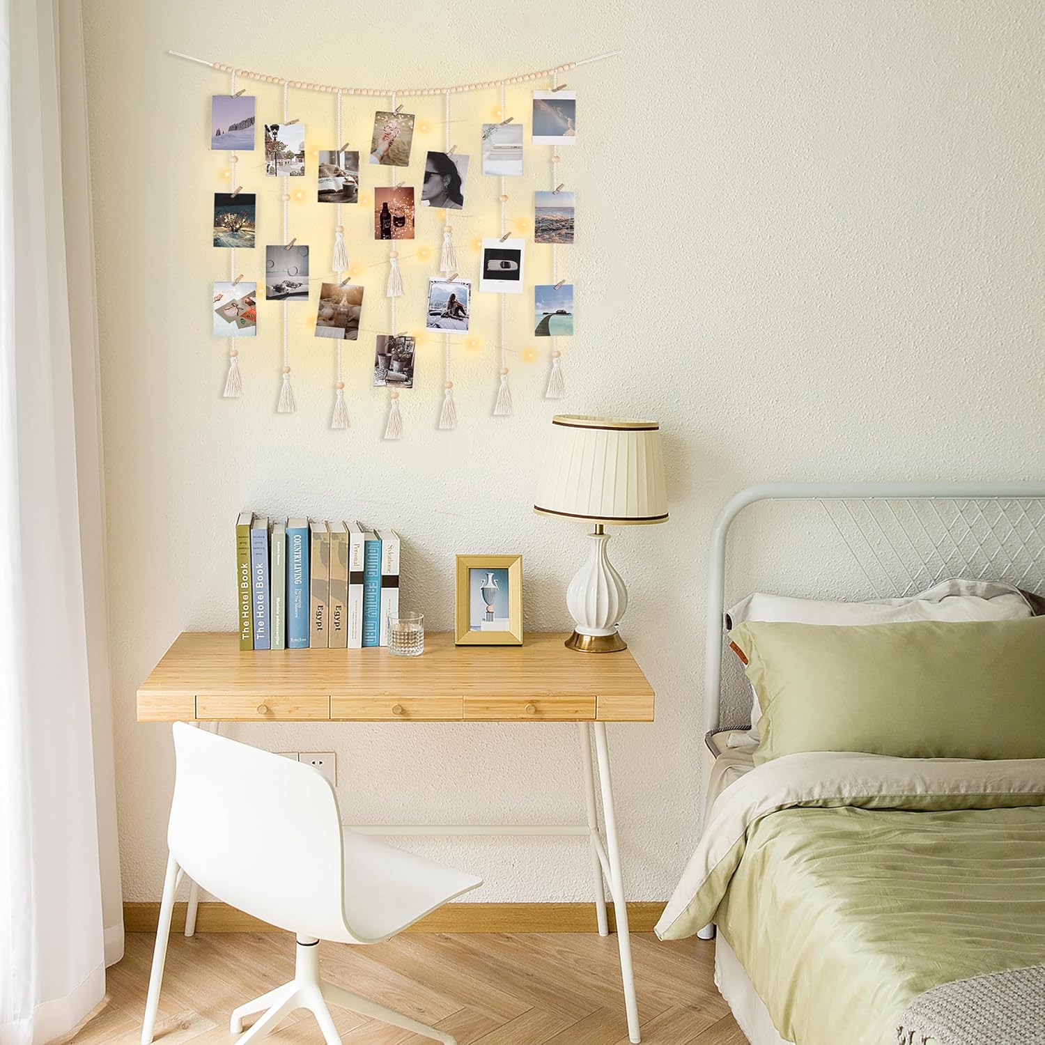 Macrame Hanging Photo Display Wall Decor Boho Wooden Beads Garland Picture Frame Holder with 30 Clips Bedroom Living Room Gifts H260306