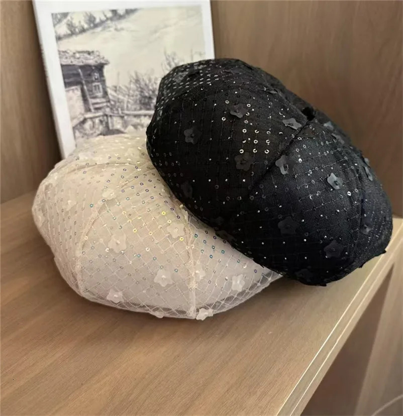 03-2508325 ins chic sequin mesh lace flower fashion sweet lady beret hat women Leisure painter cap 250712