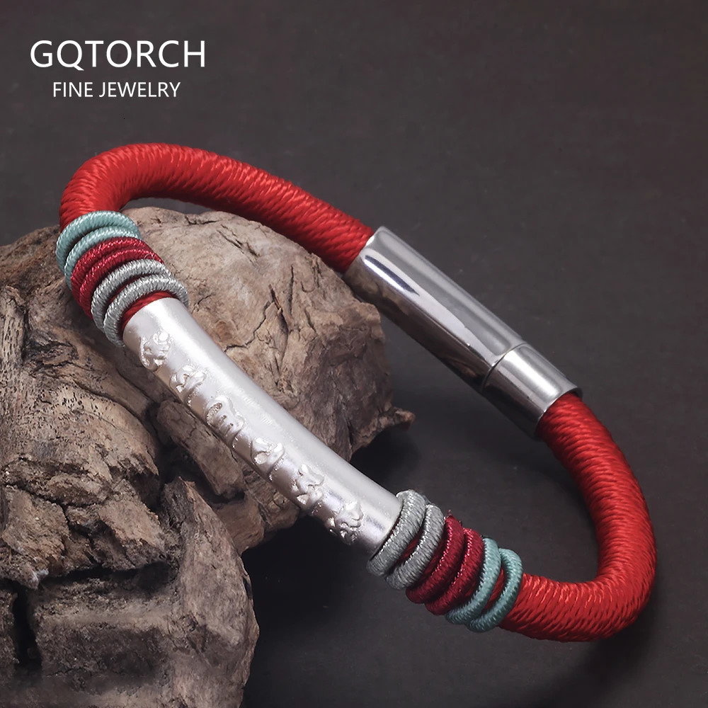999 Pure Silver Six Words Mantra Tube Charm Rope Bracelet Hand Woven Black Red Braided Bracelet Women Men Retro Jewelry 250712