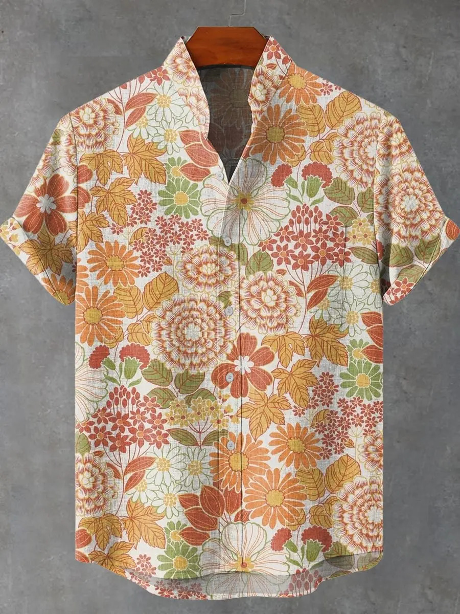 Mens Summer Elegant Art Petal Pattern Retro Linen Short Sleeve Shirt Comfortable Casual High Quality Button Top Mens Fashion 250707