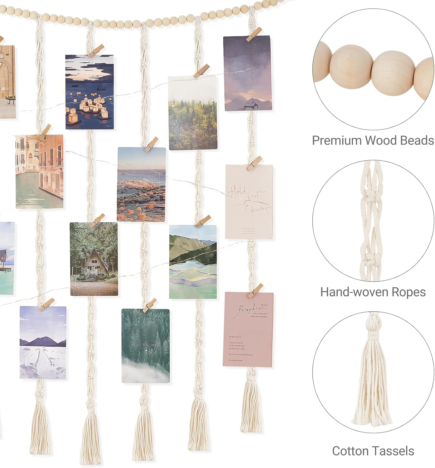 Macrame Hanging Photo Display Wall Decor Boho Wooden Beads Garland Picture Frame Holder with 30 Clips Bedroom Living Room Gifts H260306