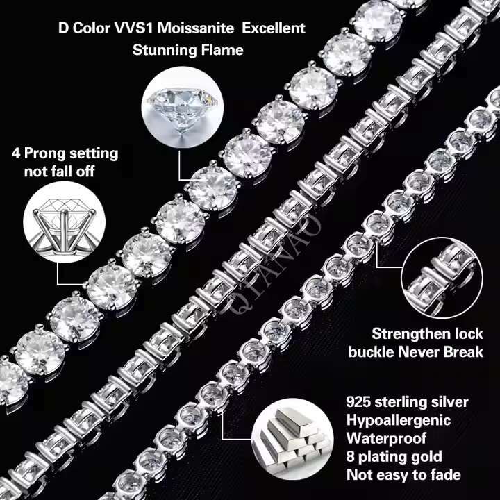 Ready to Ship Moissanite Chain 925 Silver 3mm Tennis Chain Vvs Moissanite 6-9 Inch Tennis Bracelet Iced Out Jewelry Hiphop Man