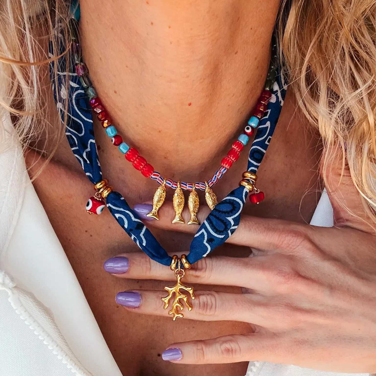 18K Gold Plated Fish Coral Stainless Steel Pendant Necklace Bohian Dark Blue Bandana Summer Beach Jewelry Gift for Her W250712