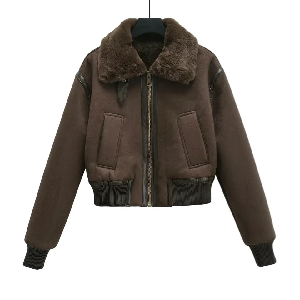 BM MD ZA womens autumn and winter fur effect double-sided jacket coat motorcycle jacket short lapel 250708