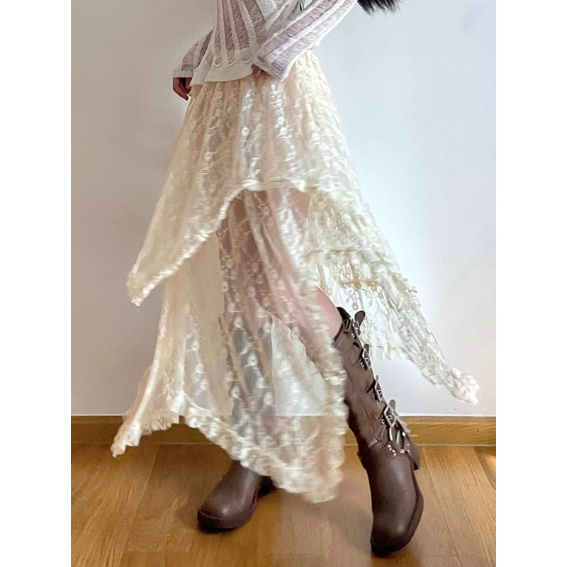 2025 Summer dress new women's skirt new French elegant apricot lace half skirt winter irregular high waisted skirt new luxury designer women'