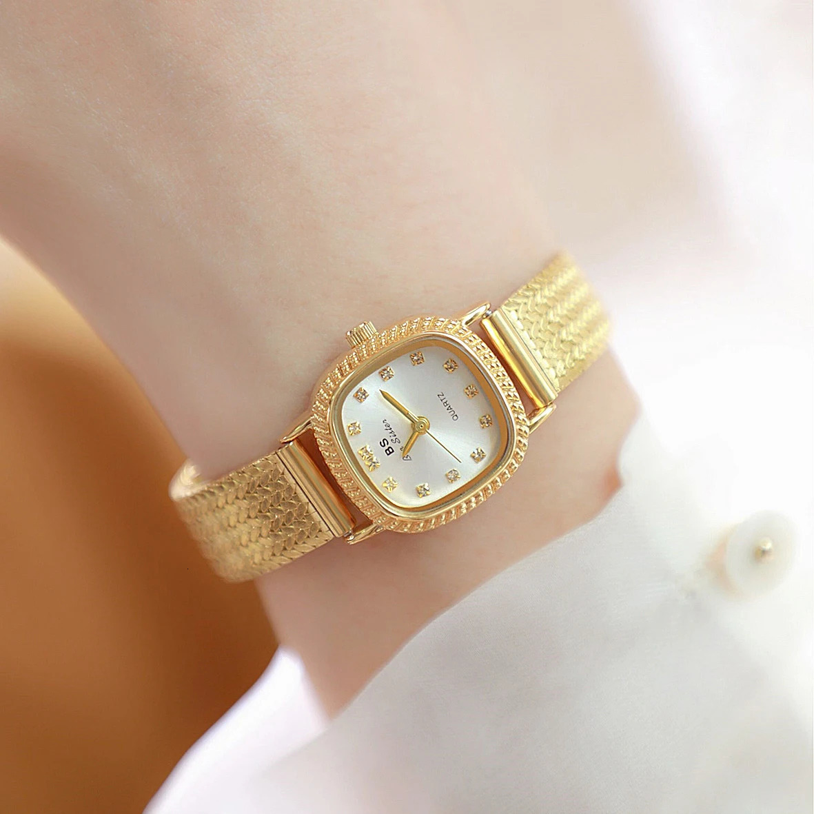 Womens Watches Golden Vintage Watch Stainless Steel Wheat Strap Minimalist Quartz Wristwatch For Women 250712