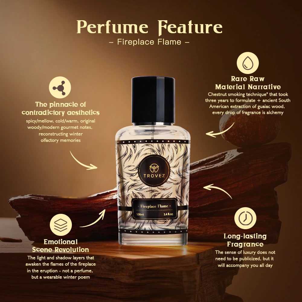 100ml TROVEZ Fireplace Flame Perfume Arabic Wood Tone Long-lasting Fragrance Unisex Perfume Body Spray Scent Gifts Aroma for Men and Women W250712