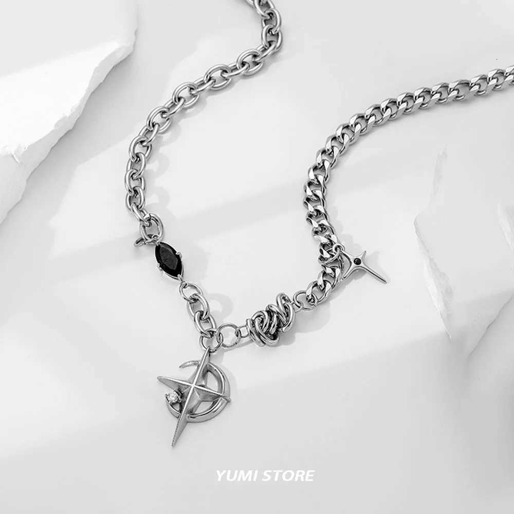 Hip Hop Moon Star Pendant Necklace For Men Wen Titanium Steel Spld Sweater Chain Kpop Unisex Jewelry Street Punk Accessories W250712