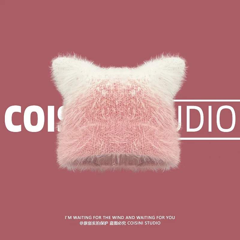 Fashion Gradual Change Color Pullover Beanies Cap Y2K Autumn Winter Leisure Warm Personality Cat Ear Knitted Hats Women 250712