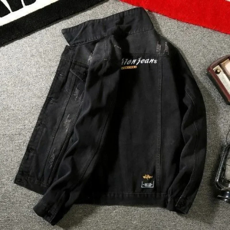 Male Jean Coats Autumn Striped Yellow with Print Mens Denim Jacket Y2k Vintage ed G Winter Outerwear er Joker Korea 250710