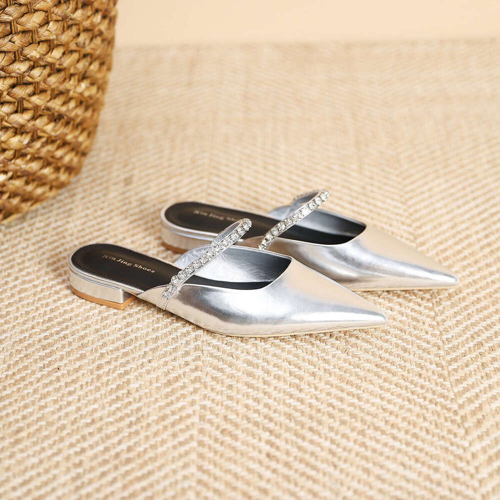 K77-1 Silver Rhinestone Chain Pointed Toe Flat 2024 Spring Style Elegant Light Luxury Sparkling Low Heel Shoes
